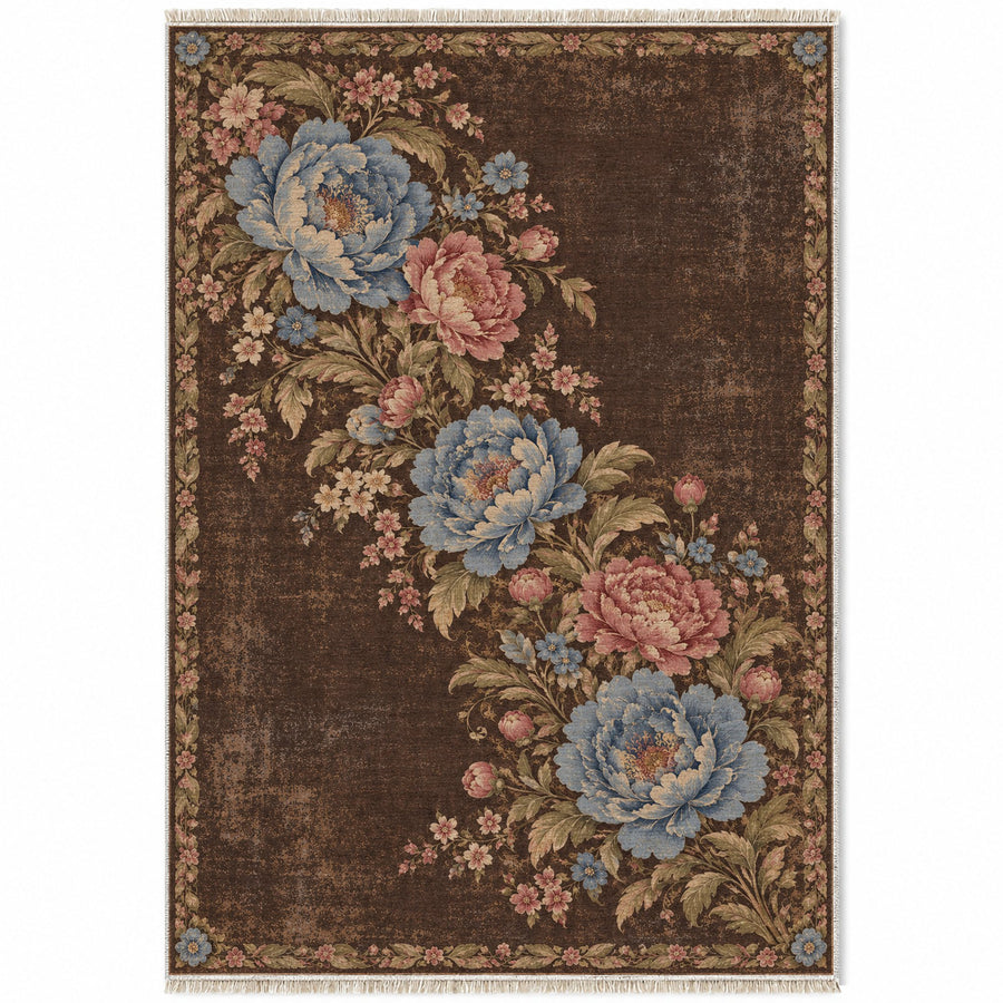 Peony Waterfall Espresso & Cornflower Distressed Washable Rug