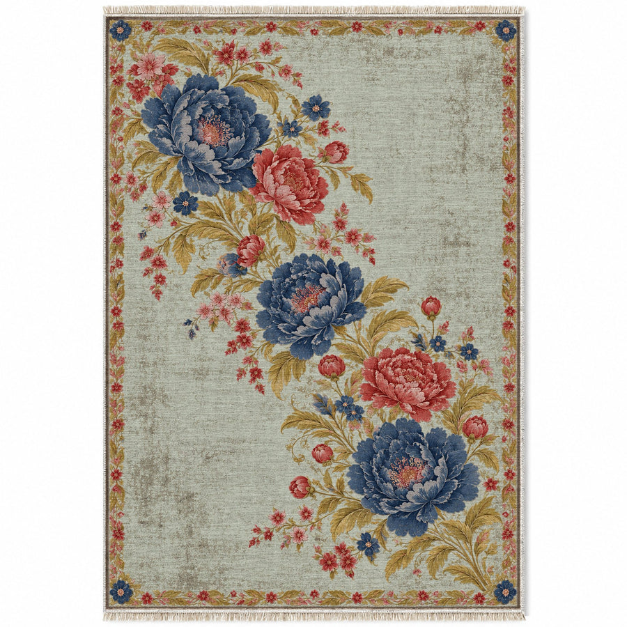 Peony Waterfall Glacier, Ink & Vermilion Distressed Washable Rug