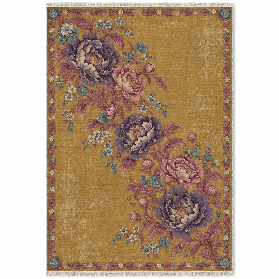 Peony Waterfall Golden, Plum & Azure Distressed Washable Rug
