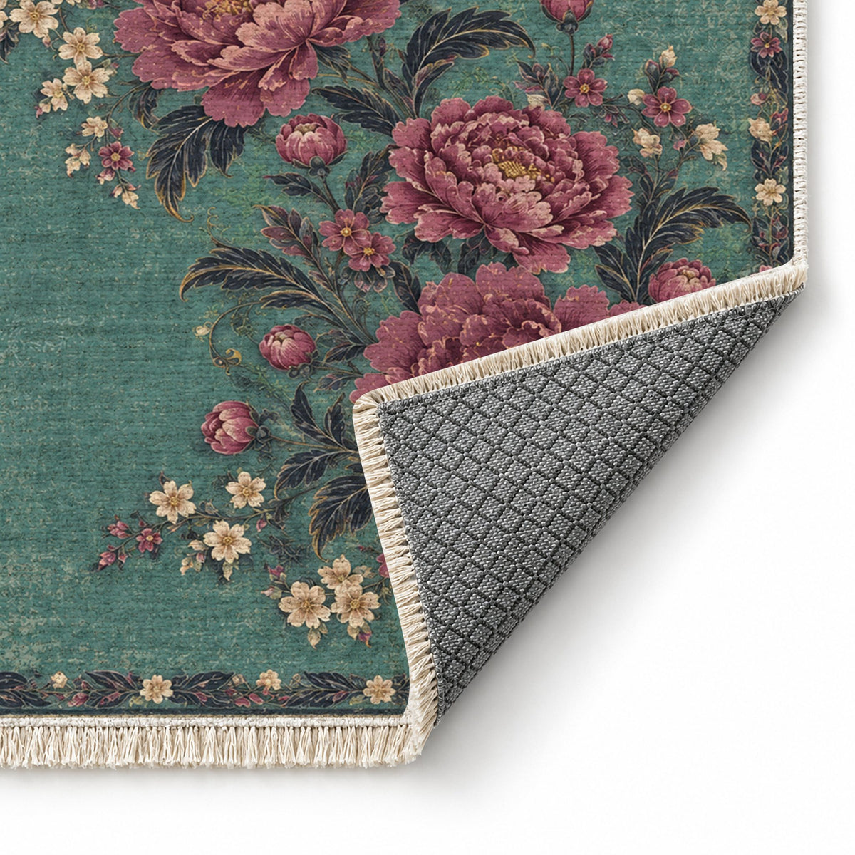 Peony Waterfall Lagoon & Berry washable rug folded corner showing the backing