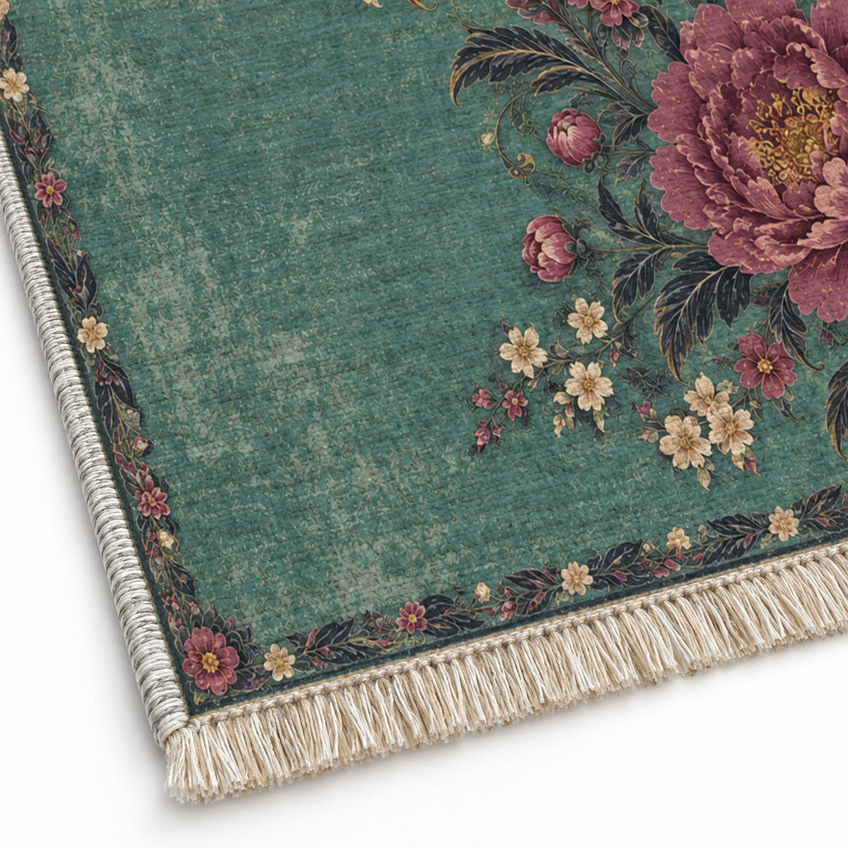 Peony Waterfall Lagoon & Berry washable rug close-up of the printed chenille