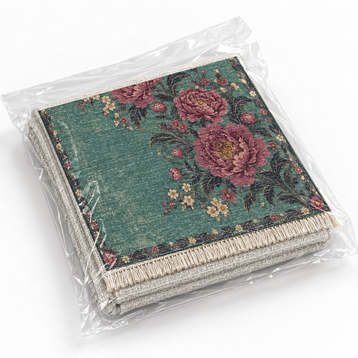 Peony Waterfall Lagoon & Berry washable rug rolled and packaged