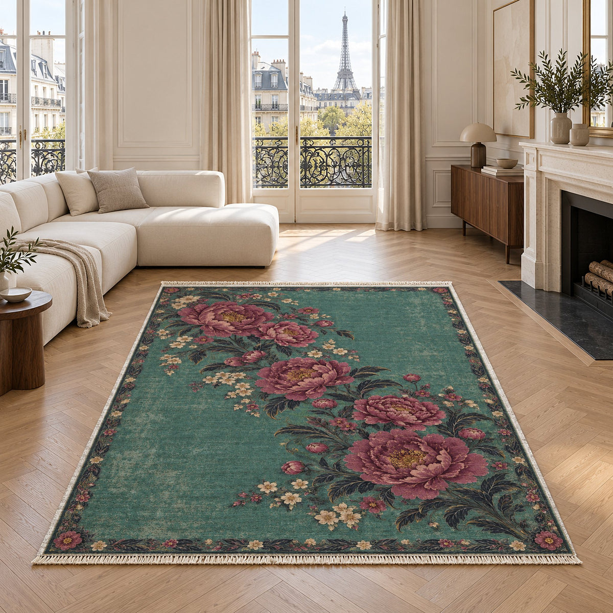 Peony Waterfall Lagoon & Berry washable rug in a living room with an Eiffel Tower view
