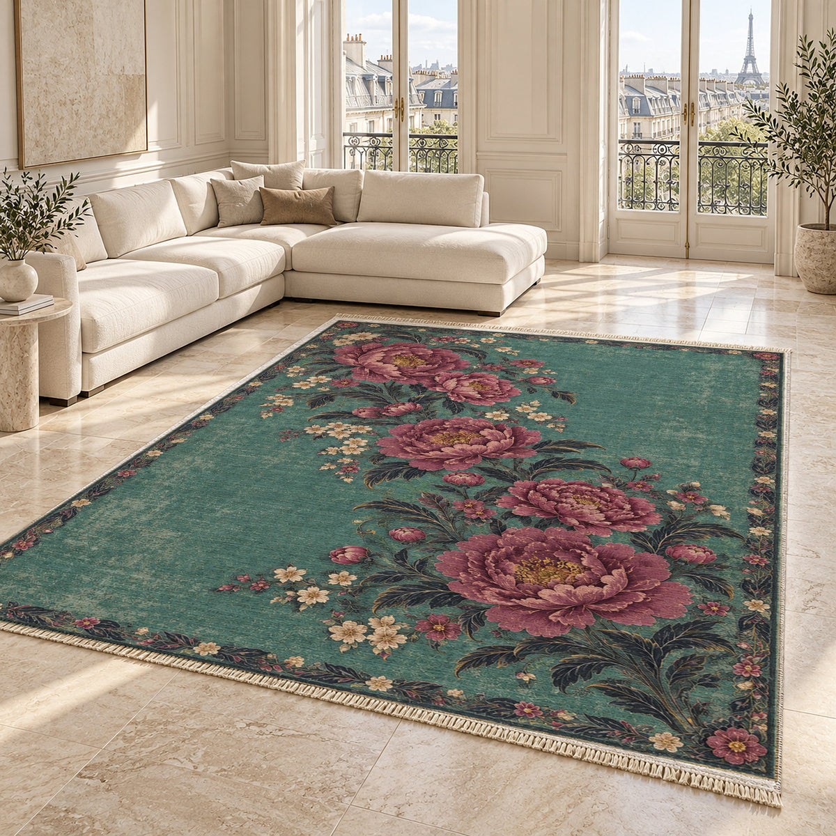 Peony Waterfall Lagoon & Berry washable rug angled room view on marble
