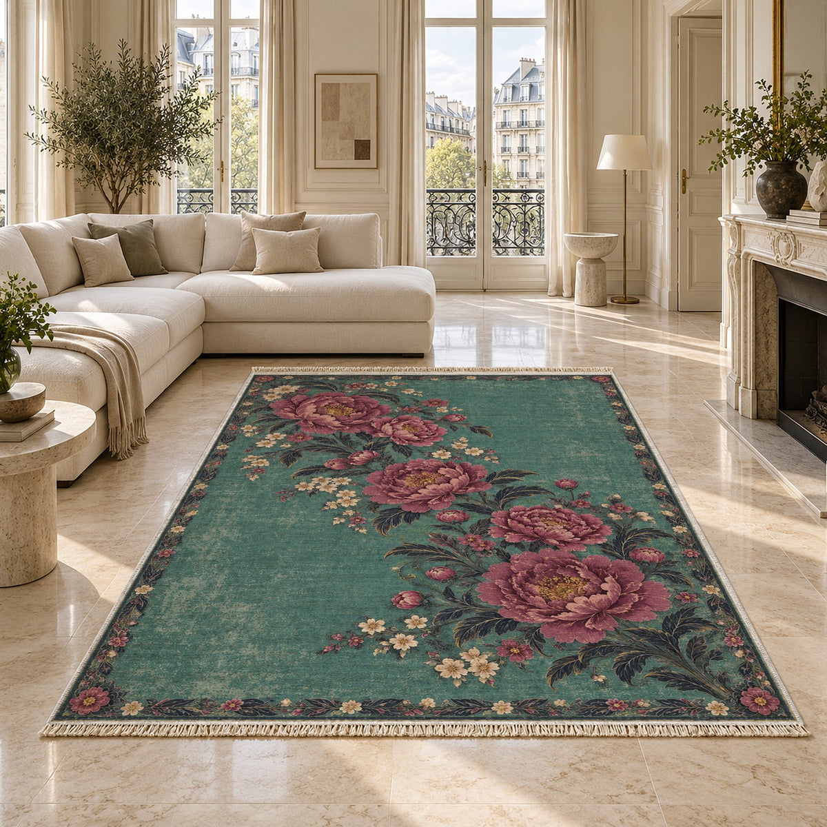 Peony Waterfall Lagoon & Berry washable rug on a marble floor