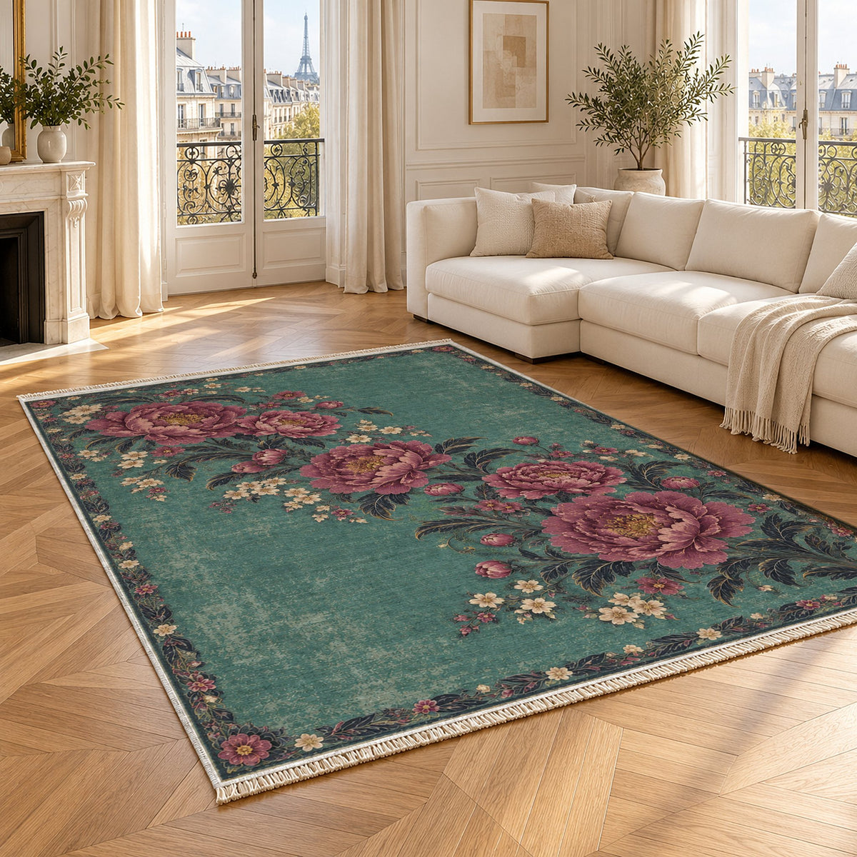 Peony Waterfall Lagoon & Berry washable rug angled room view