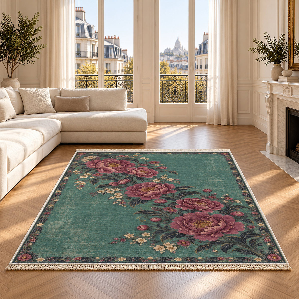 Peony Waterfall Lagoon & Berry washable rug on an oak floor