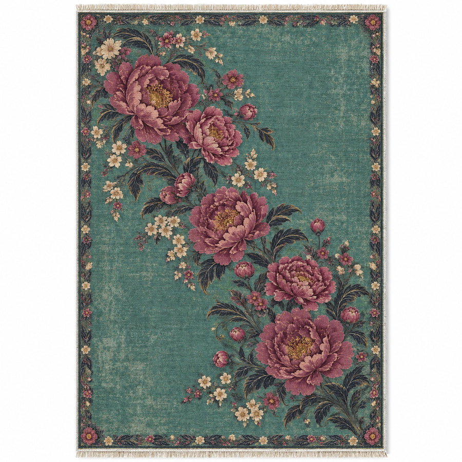 Peony Waterfall Lagoon & Berry Distressed Washable Rug