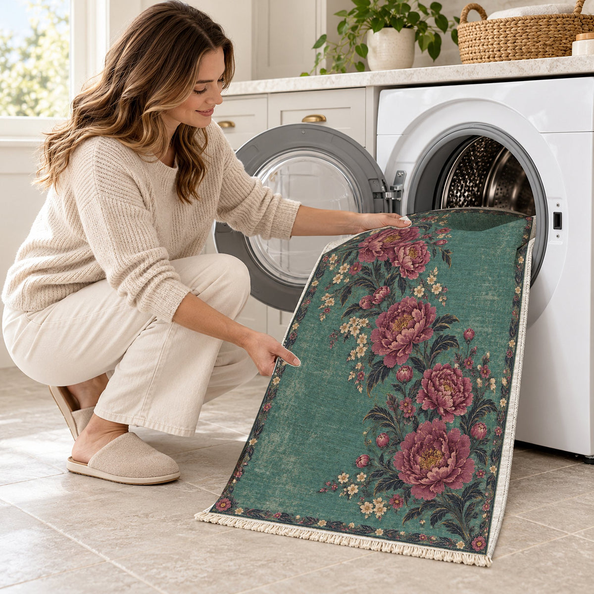 Peony Waterfall Lagoon & Berry washable rug being loaded into a washing machine