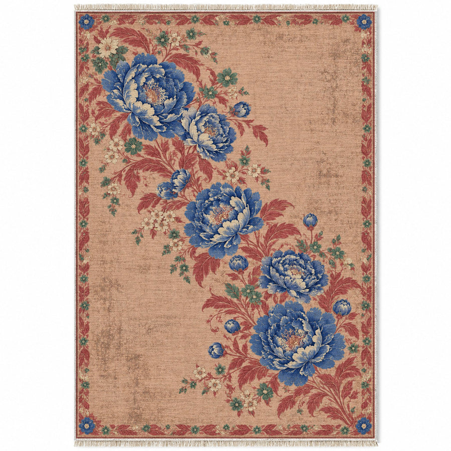 Peony Waterfall Peach, Cobalt & Jade Distressed Washable Rug