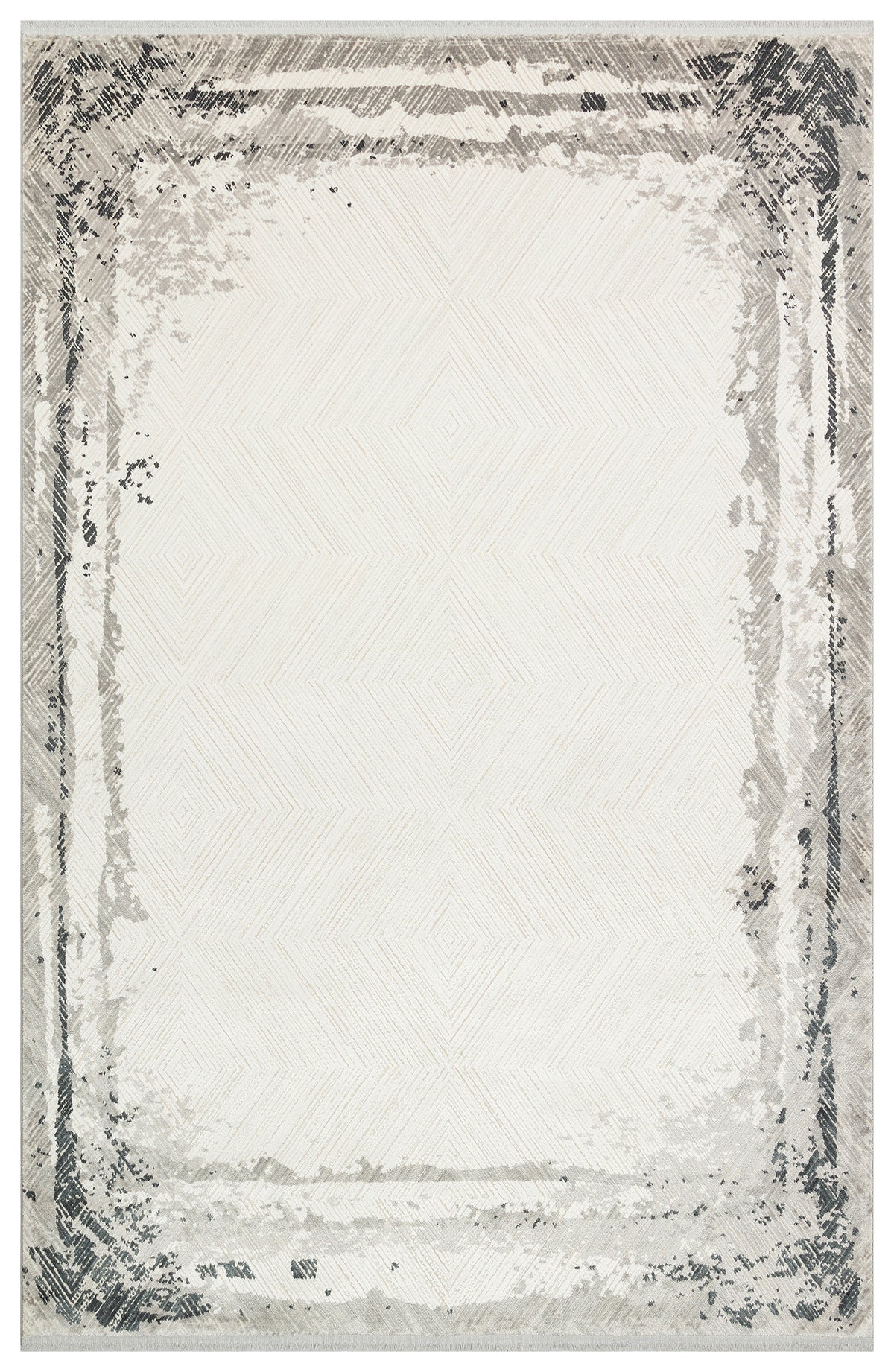 Rectangular area rug with a textured border on a plain background