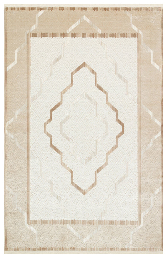 Beige and white geometric patterned rug
