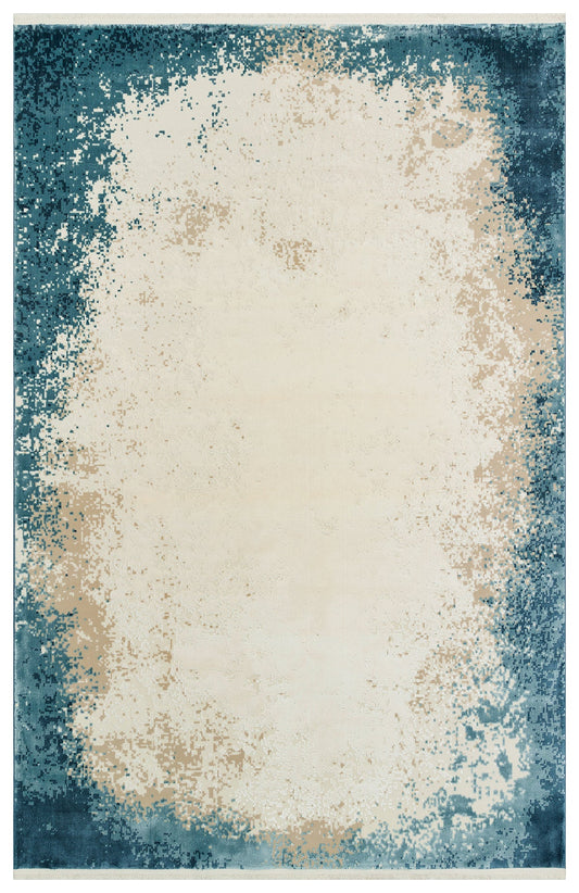 Rug with abstract design in blue and beige tones