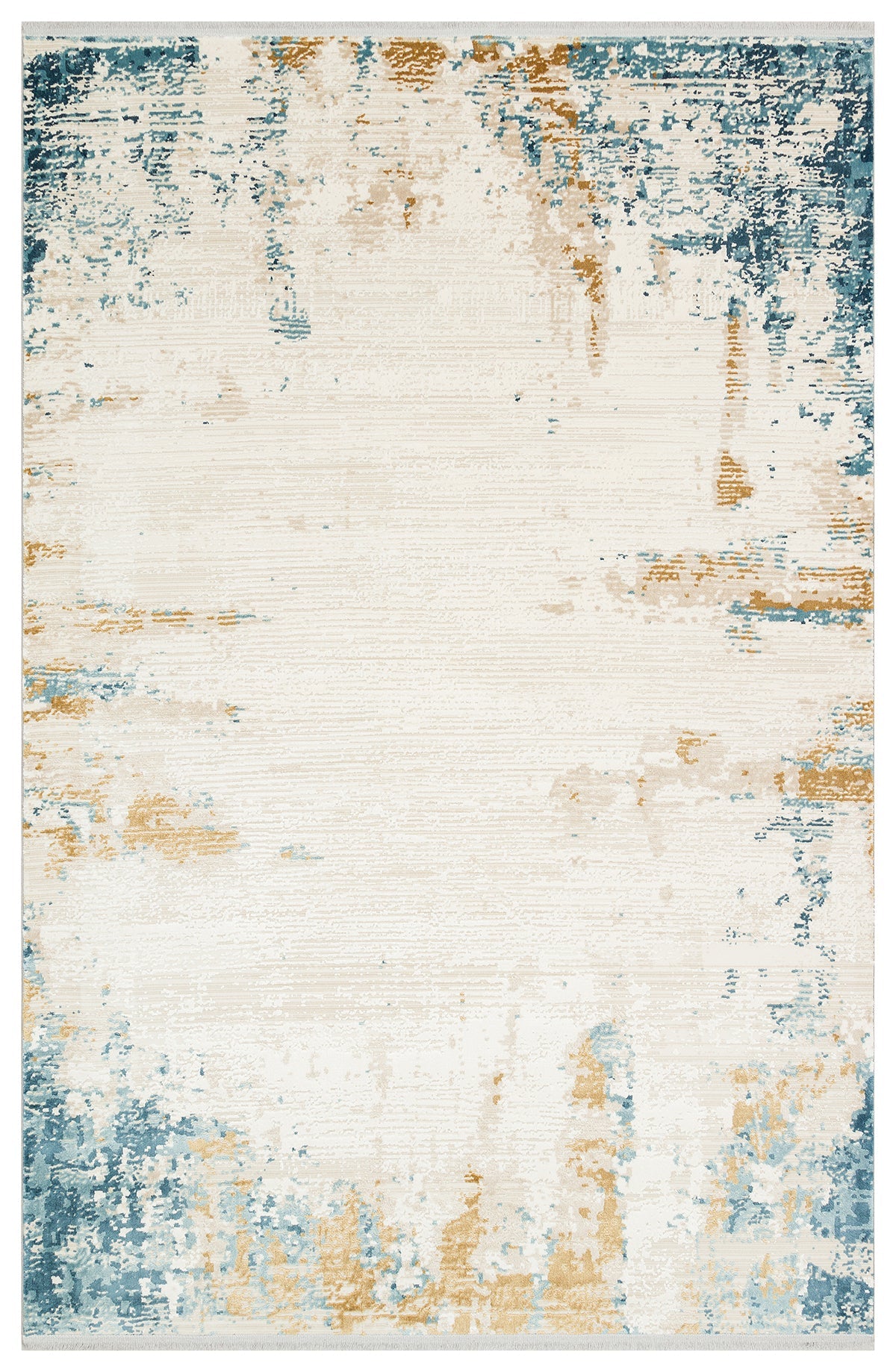 Abstract patterned rug with blue and beige colors on a white background