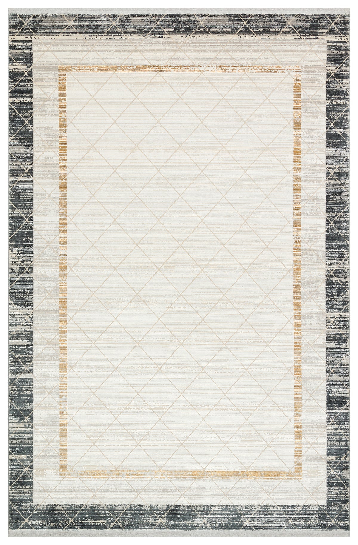 Rug with geometric pattern and border design on a white background