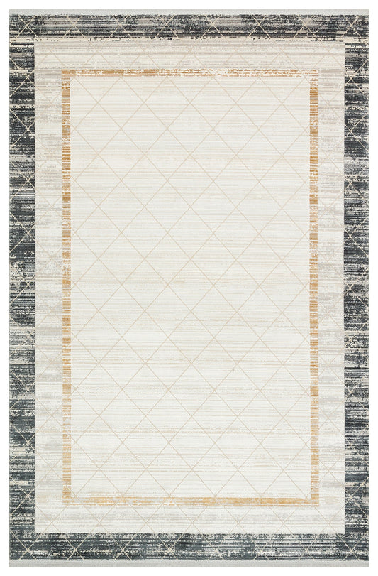 Rug with geometric pattern and border design on a white background