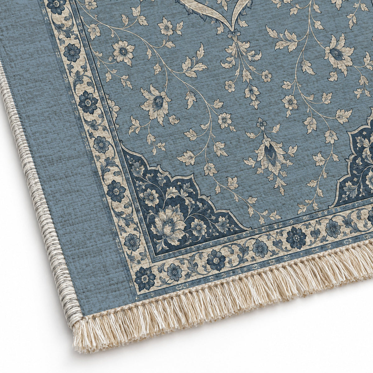 Petal Court Dusty Blue & Ivory washable rug close-up of the printed chenille