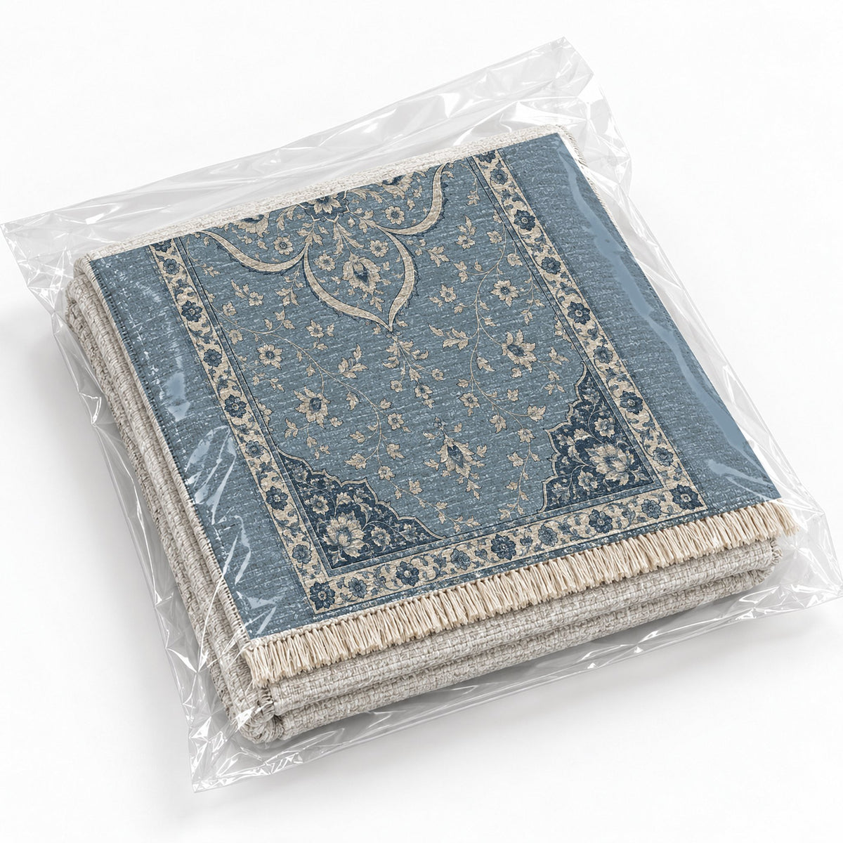 Petal Court Dusty Blue & Ivory washable rug rolled and packaged