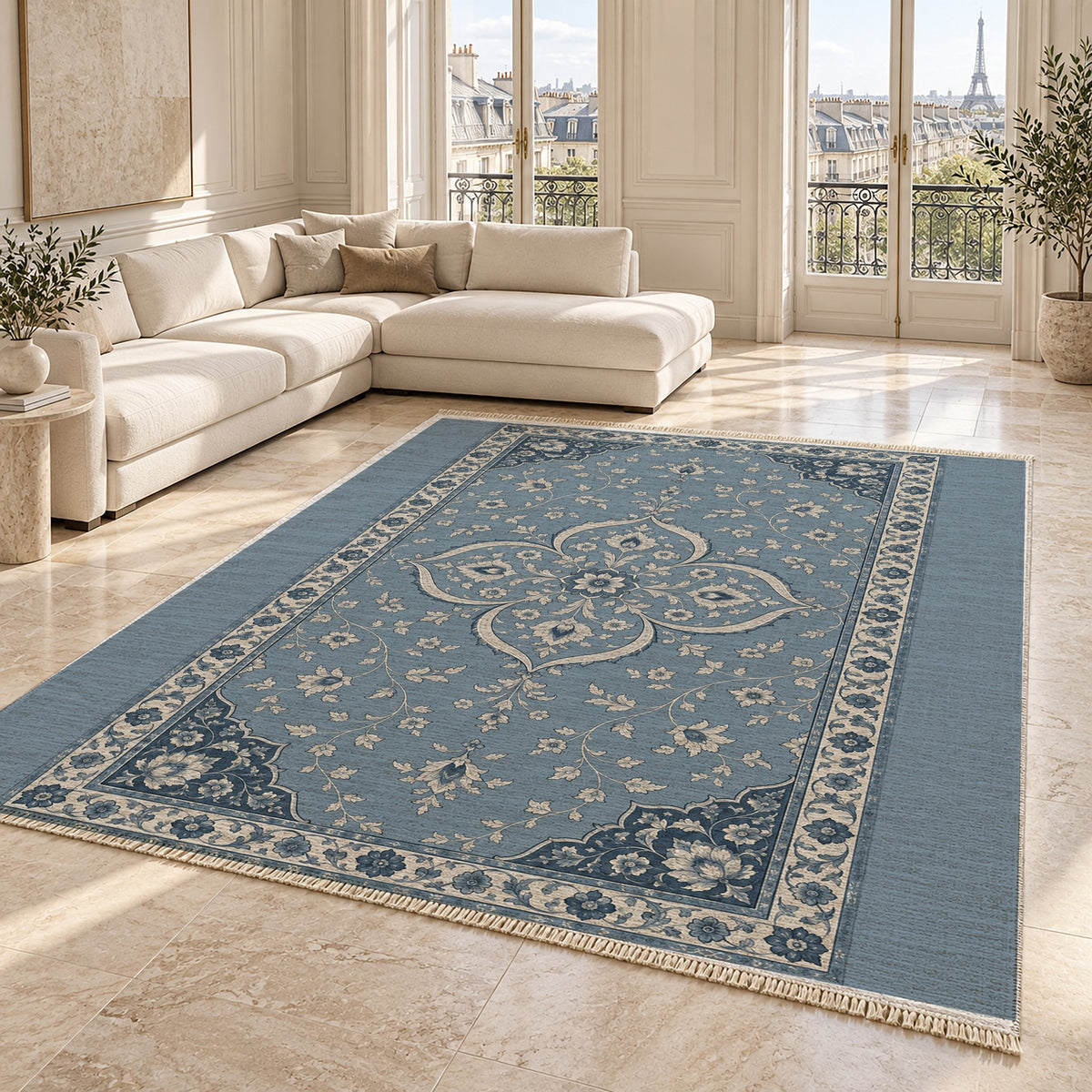 Petal Court Dusty Blue & Ivory washable rug angled room view on marble