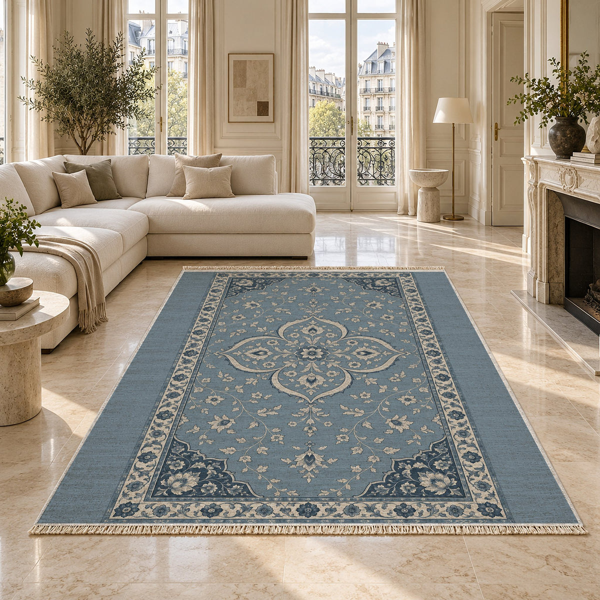 Petal Court Dusty Blue & Ivory washable rug on a marble floor