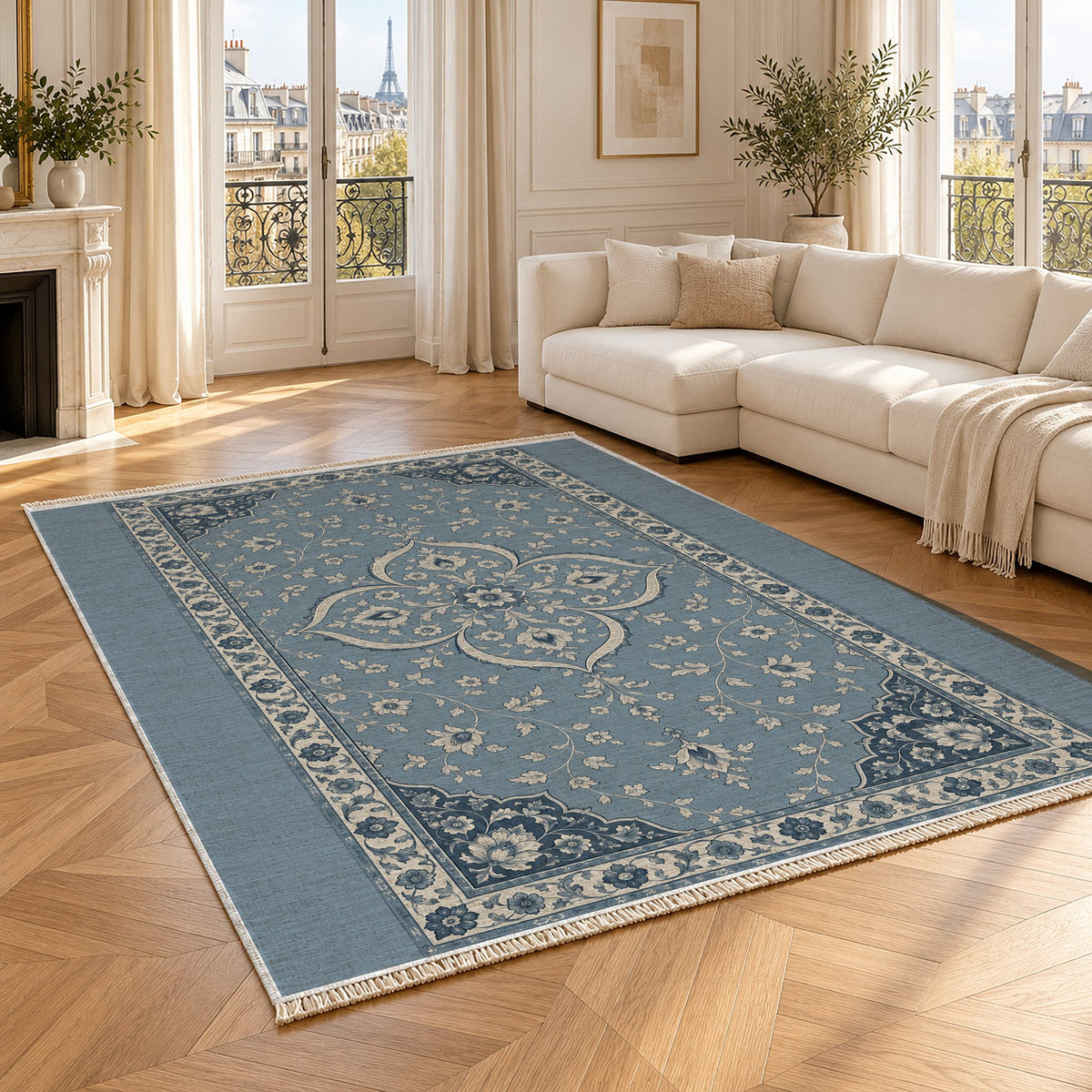 Petal Court Dusty Blue & Ivory washable rug angled room view