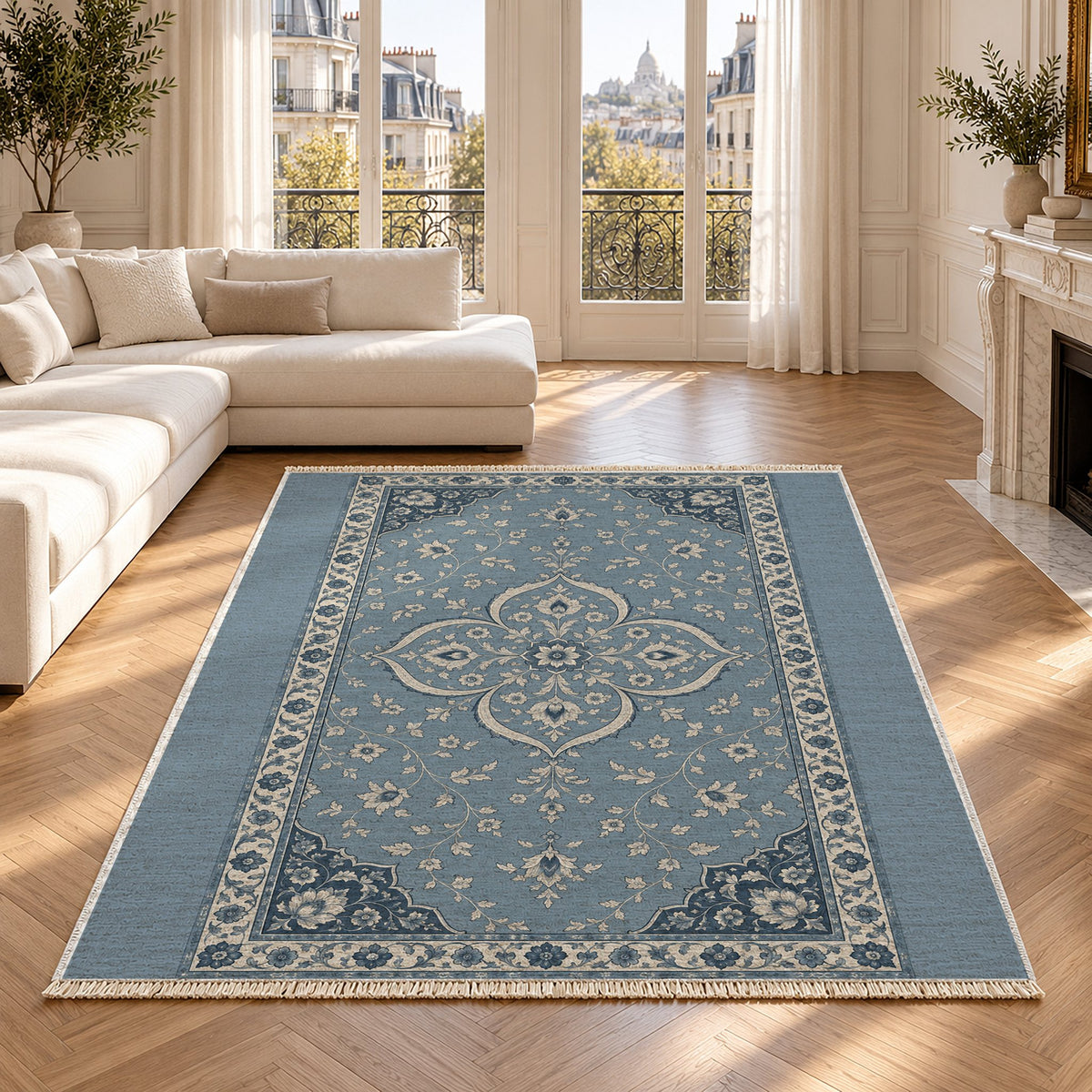 Petal Court Dusty Blue & Ivory washable rug in a Paris living room