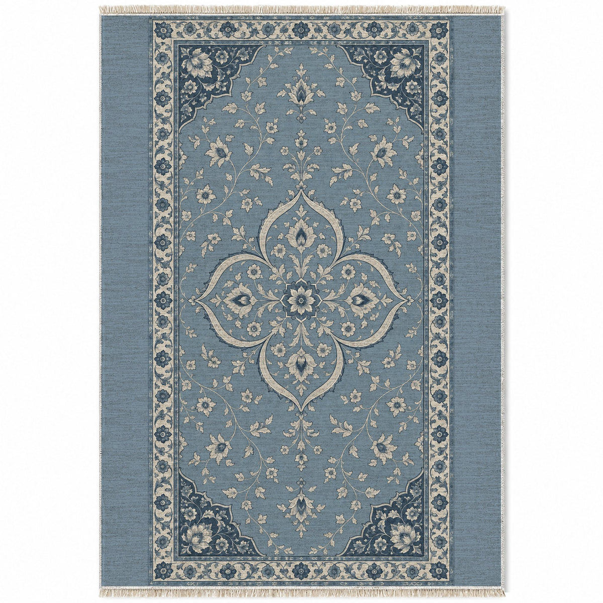 Petal Court Dusty Blue & Ivory washable rug top view