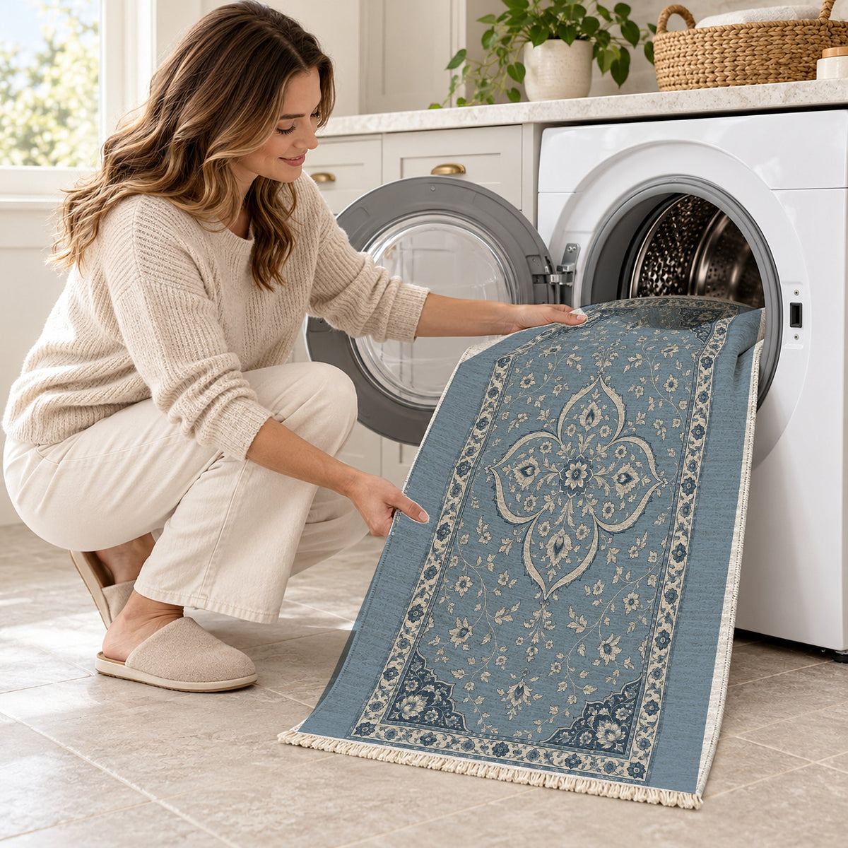 Petal Court Dusty Blue & Ivory washable rug being loaded into a washing machine