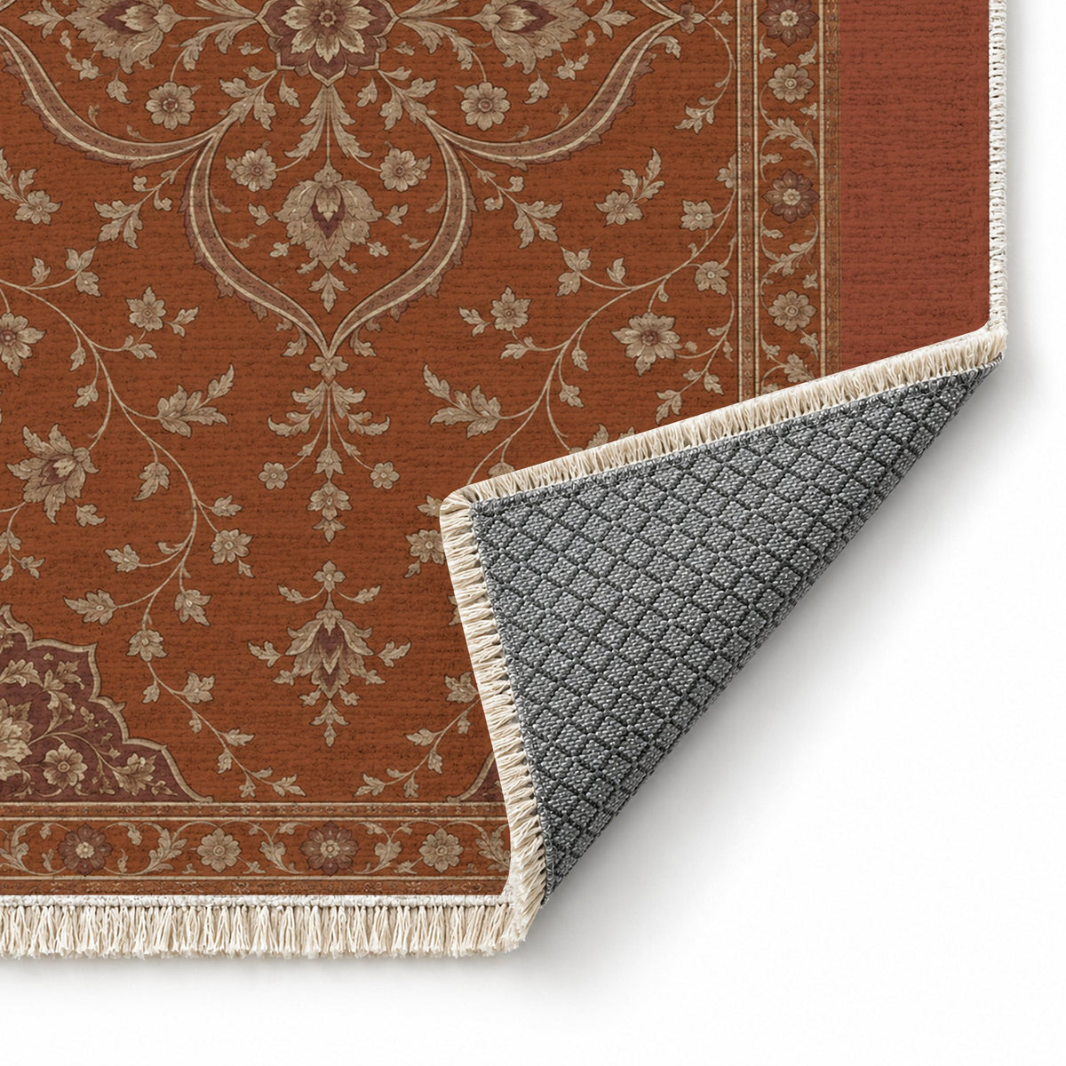 Petal Court Rust & Sand washable rug folded corner showing the backing