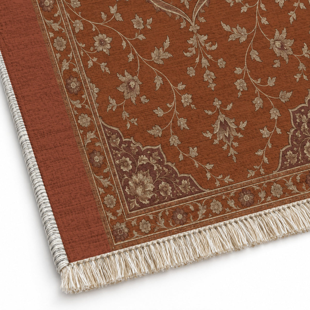 Petal Court Rust & Sand washable rug close-up of the printed chenille