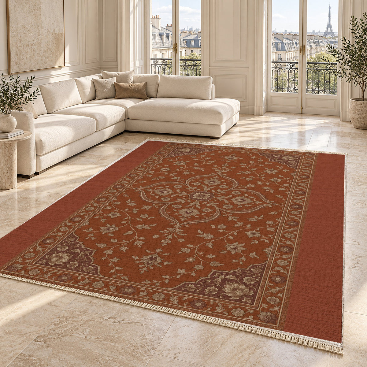 Petal Court Rust & Sand washable rug angled room view on marble