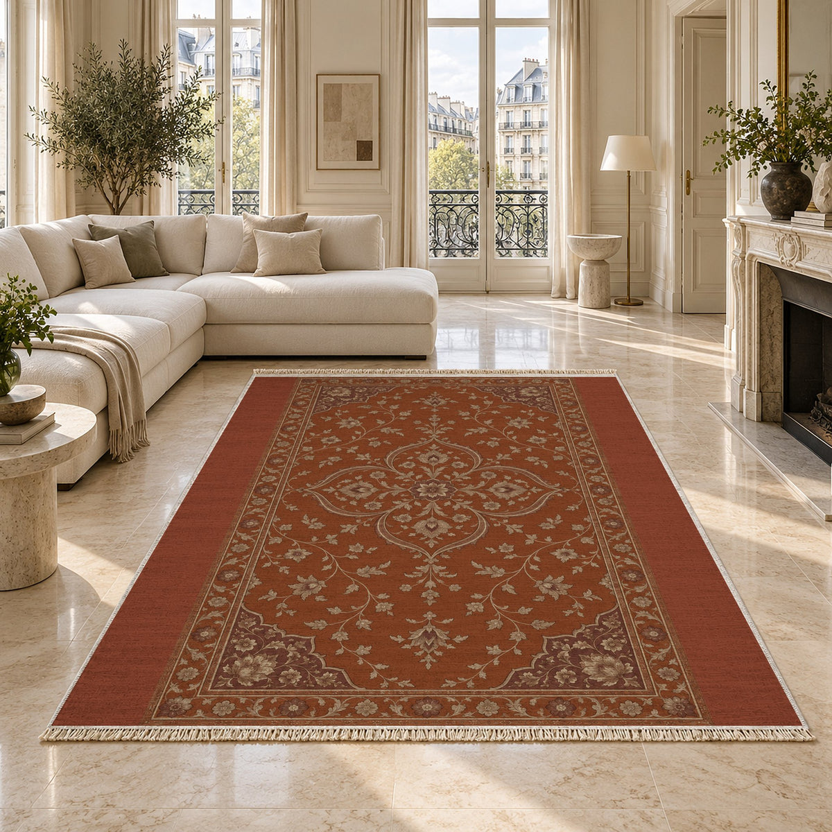 Petal Court Rust & Sand washable rug on a marble floor