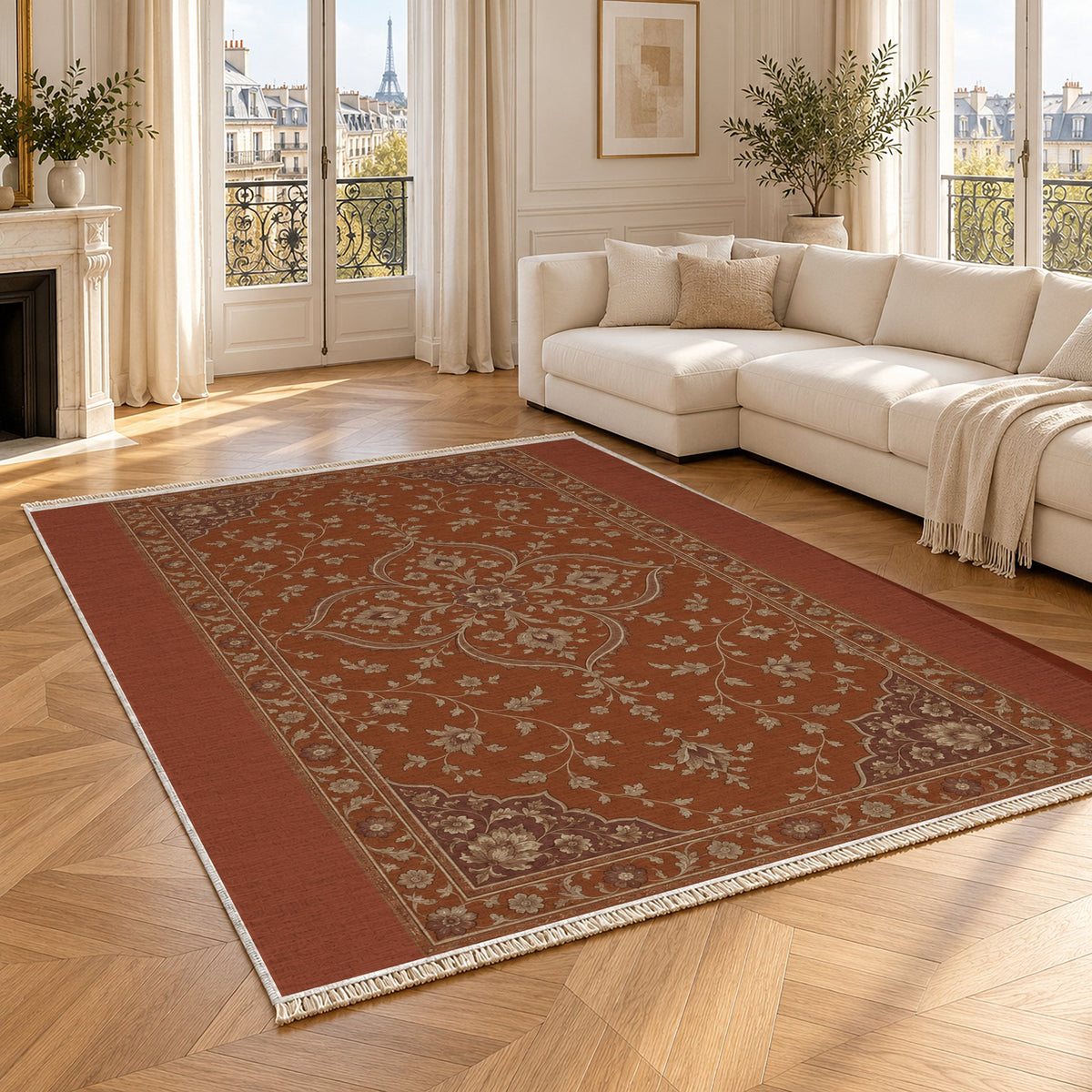 Petal Court Rust & Sand washable rug angled room view