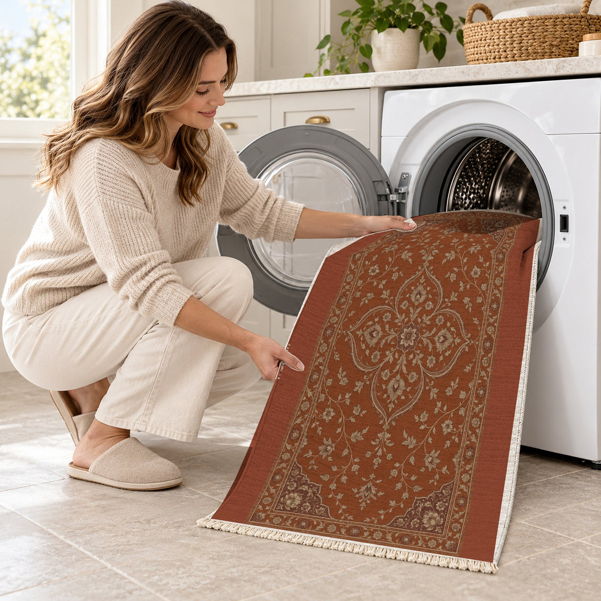 Petal Court Rust & Sand washable rug being loaded into a washing machine
