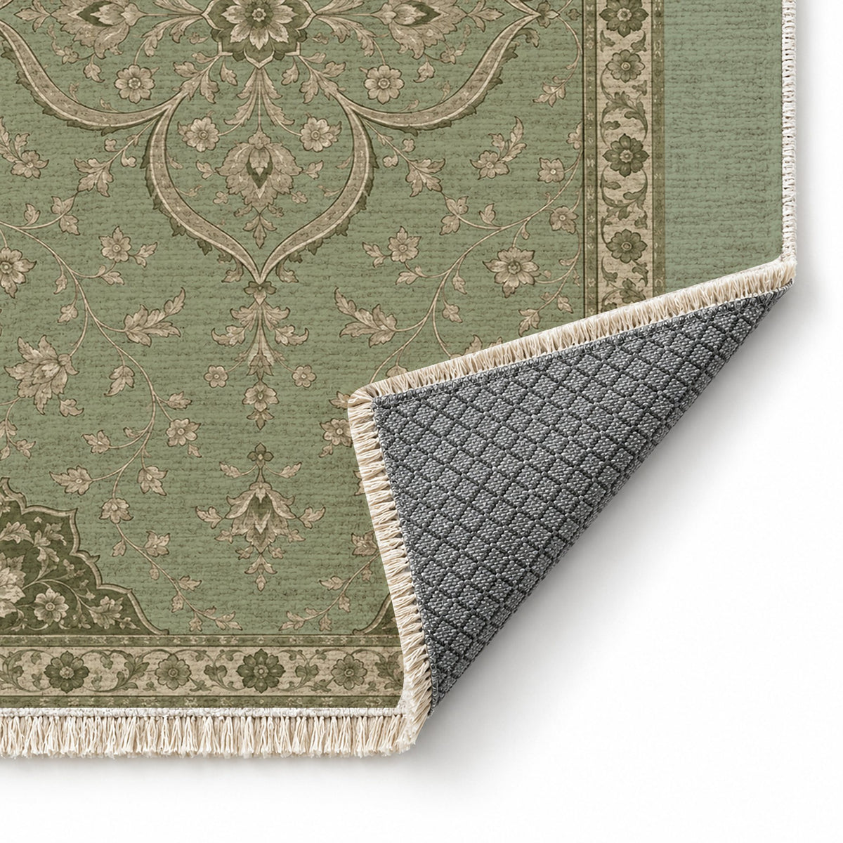 Petal Court Sage & Oat washable rug folded corner showing the backing
