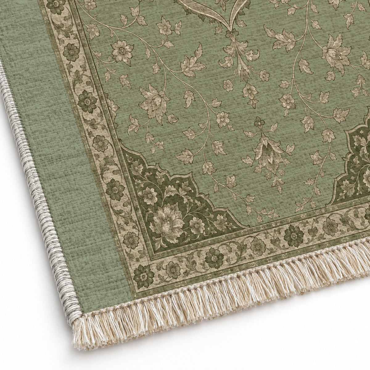 Petal Court Sage & Oat washable rug close-up of the printed chenille