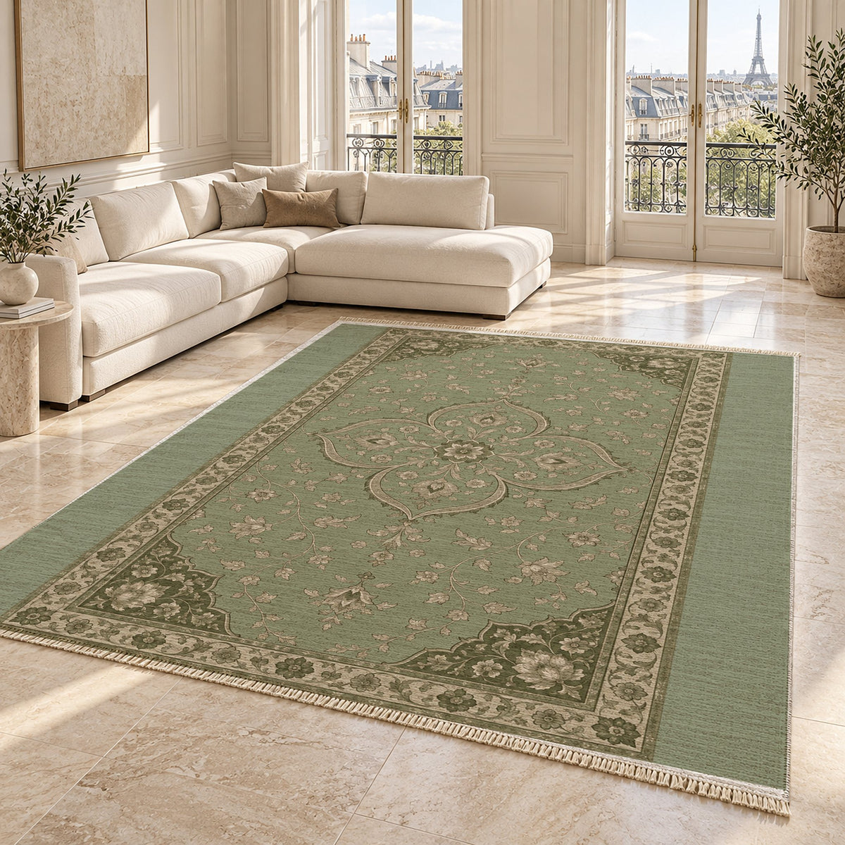 Petal Court Sage & Oat washable rug angled room view on marble