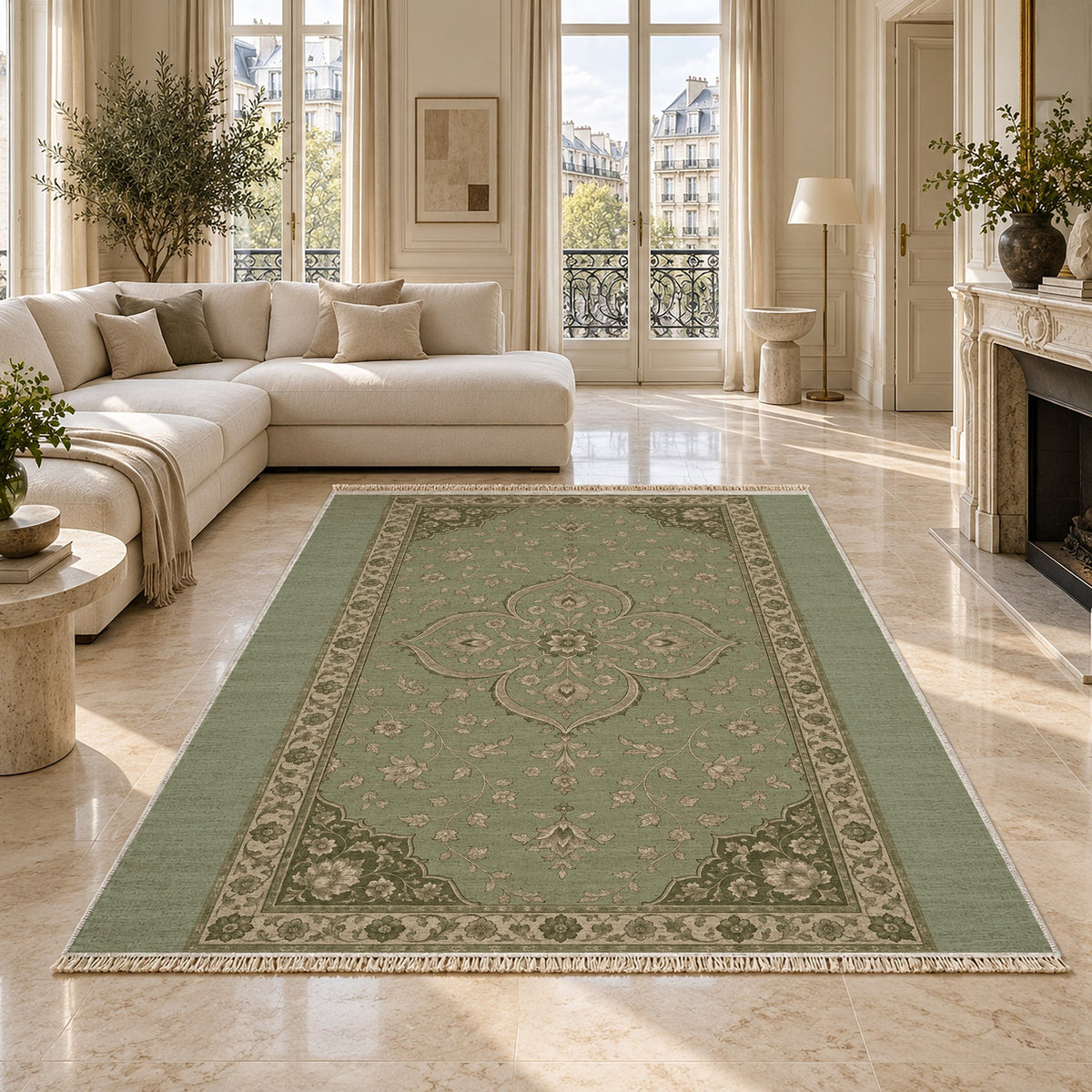 Petal Court Sage & Oat washable rug on a marble floor