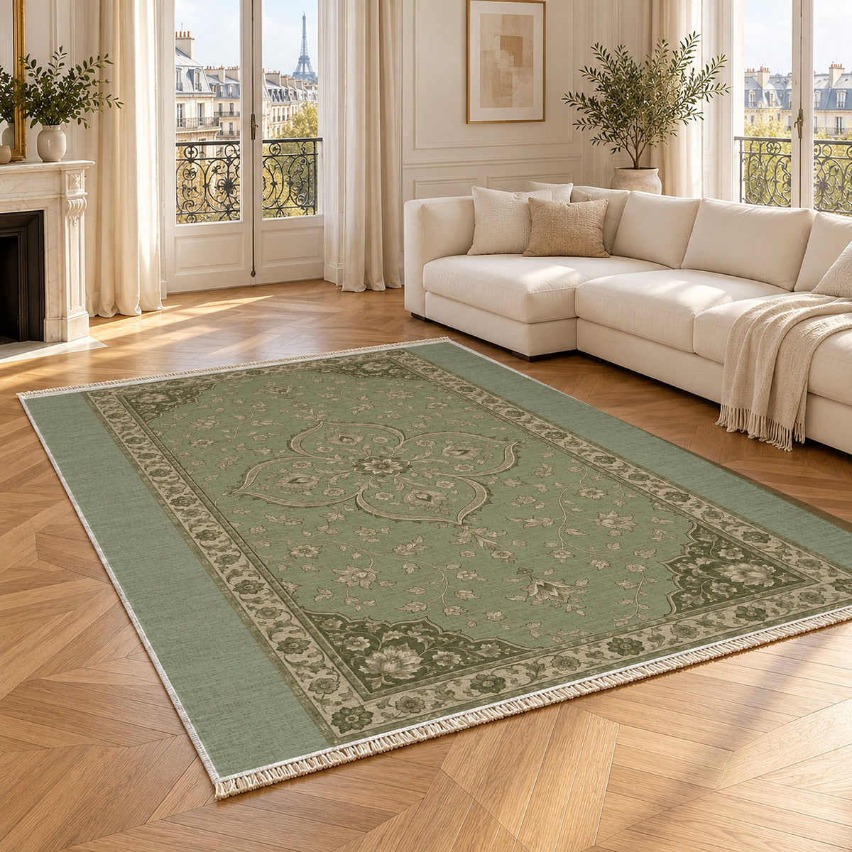 Petal Court Sage & Oat washable rug angled room view