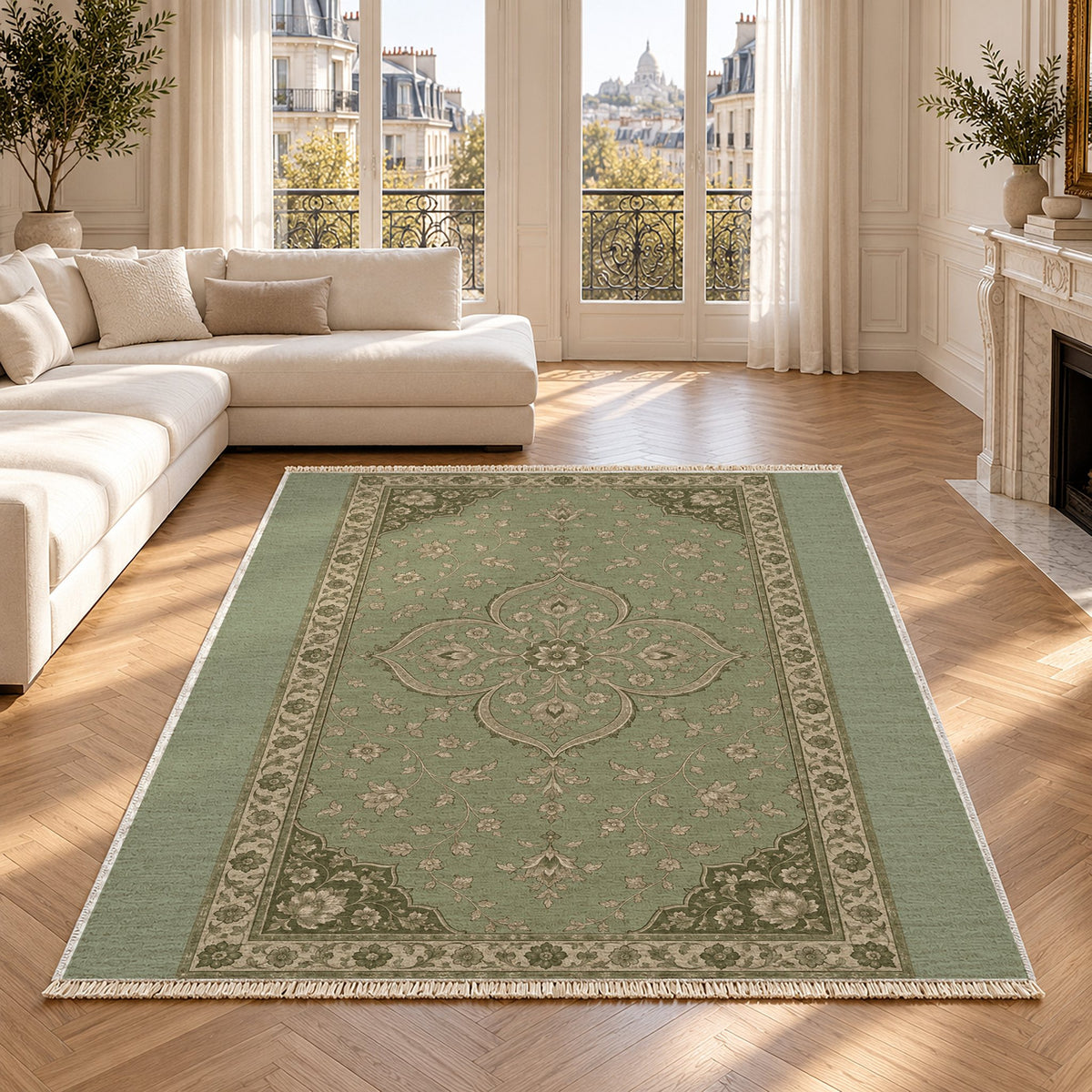 Petal Court Sage & Oat washable rug in a Paris living room