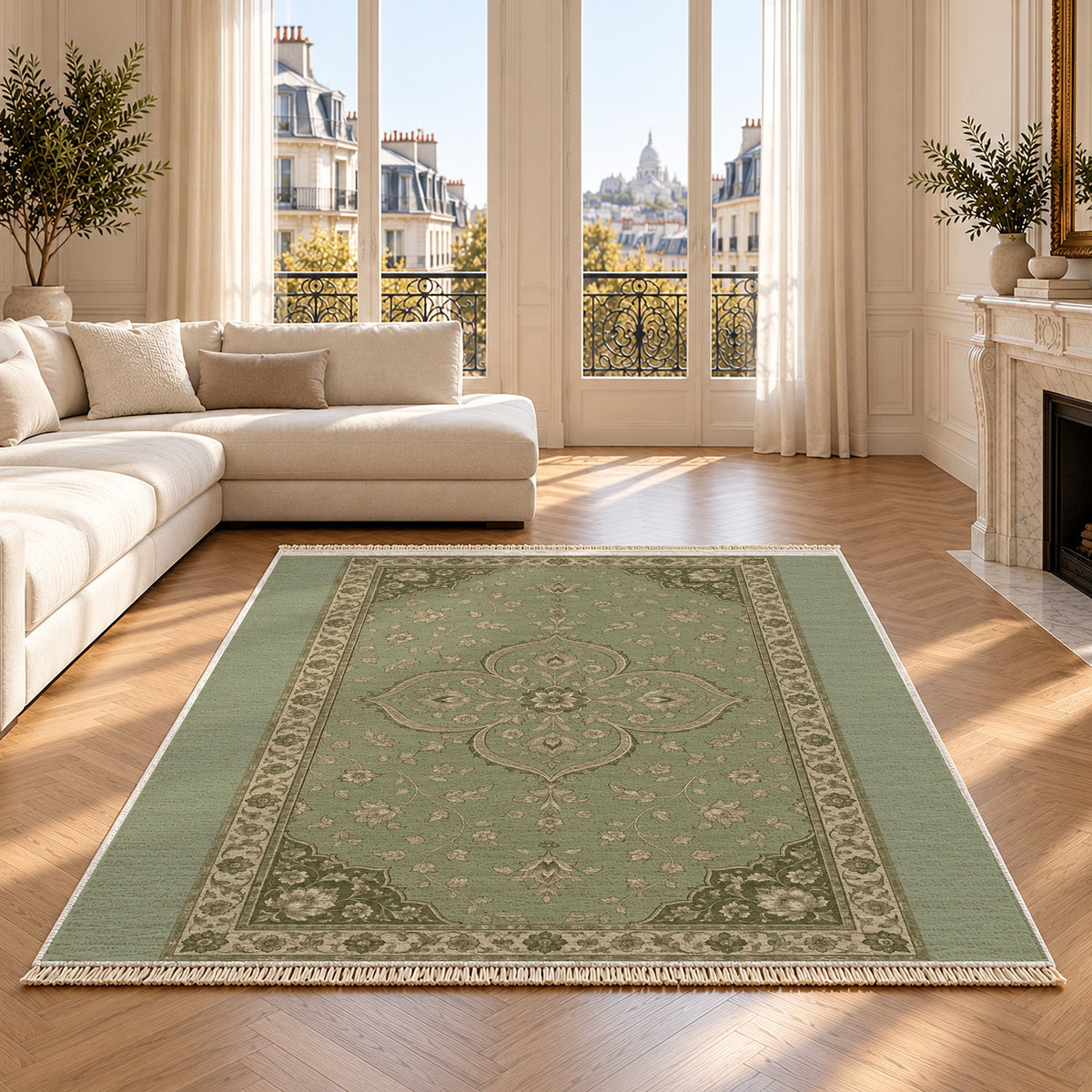 Petal Court Sage & Oat washable rug on an oak floor