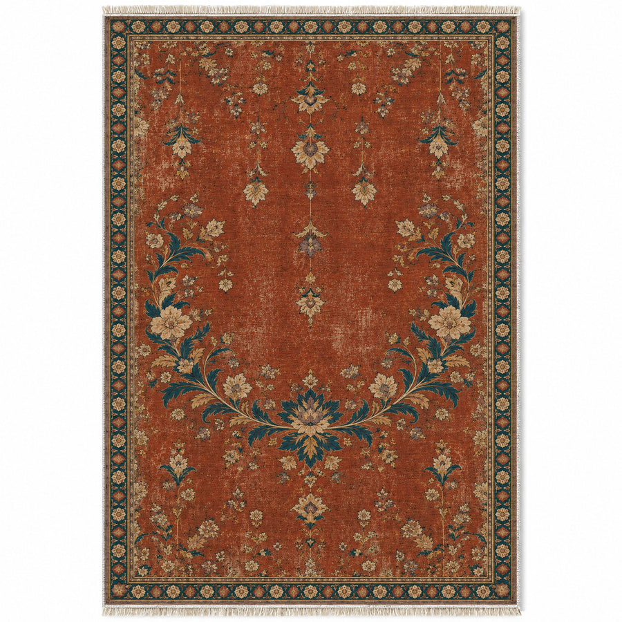 Petal Crescent Court Brick & Petrol Distressed Washable Rug