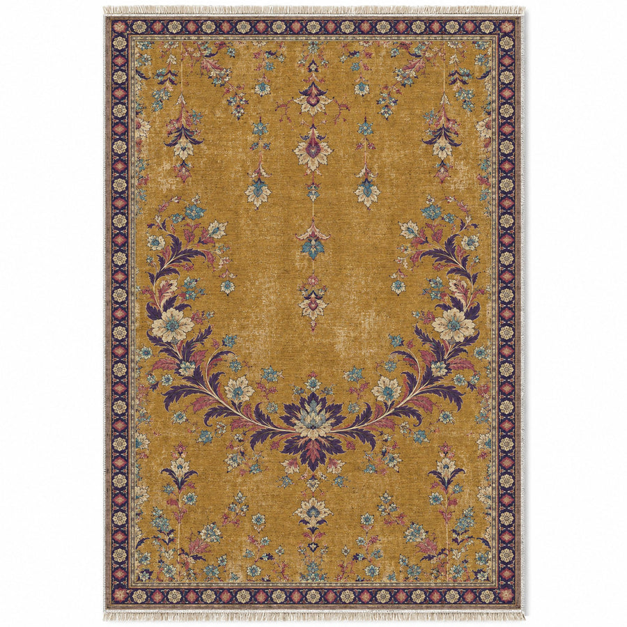 Petal Crescent Court Golden, Plum & Azure Distressed Washable Rug