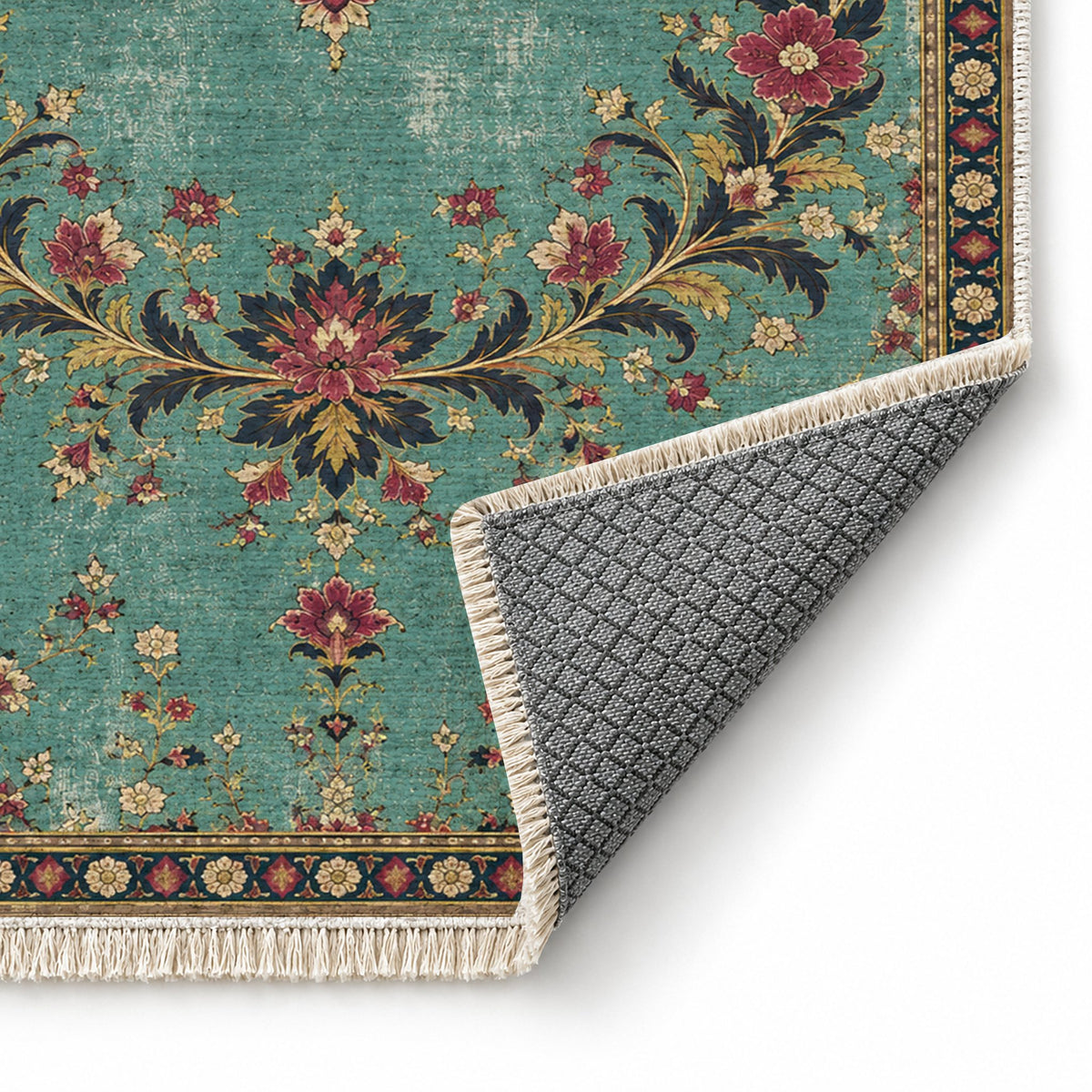 Petal Crescent Court Lagoon & Berry washable rug folded corner showing the backing