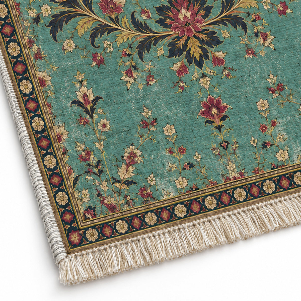 Petal Crescent Court Lagoon & Berry washable rug close-up of the printed chenille