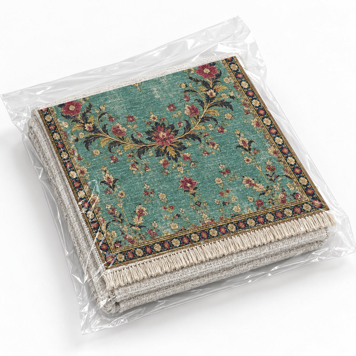 Petal Crescent Court Lagoon & Berry washable rug rolled and packaged