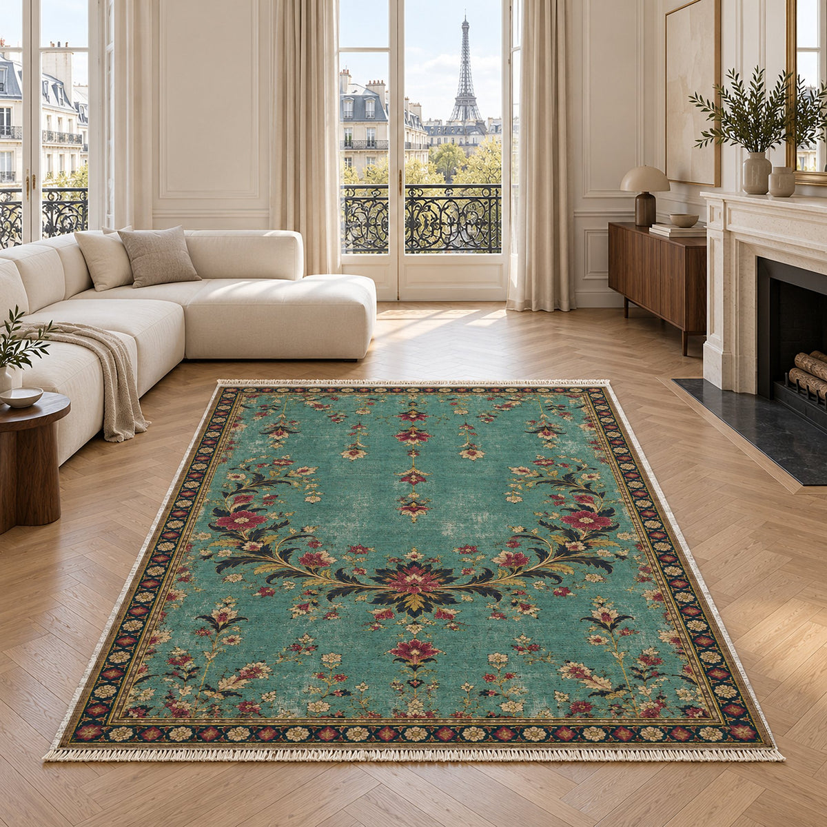 Petal Crescent Court Lagoon & Berry washable rug in a living room with an Eiffel Tower view
