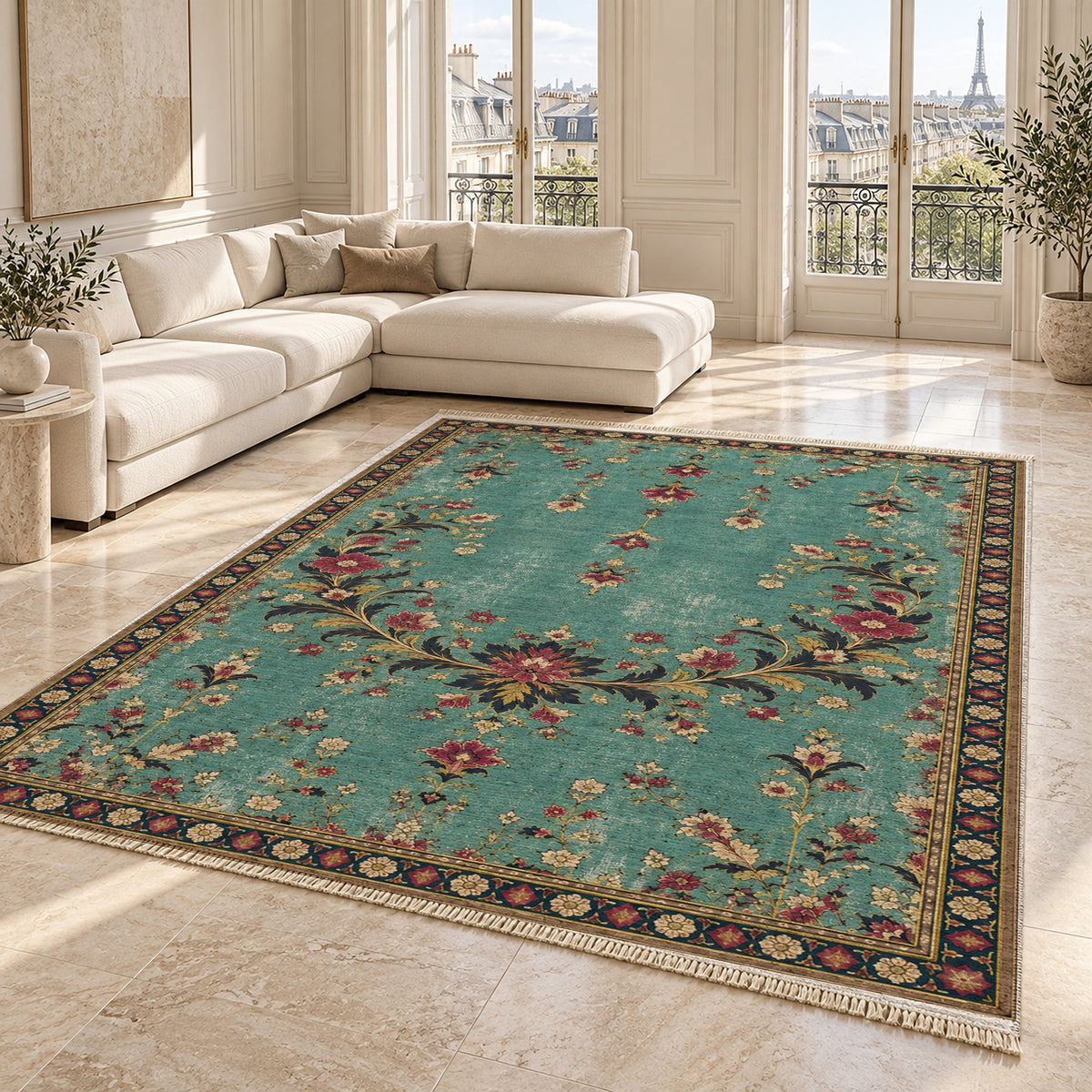 Petal Crescent Court Lagoon & Berry washable rug angled room view on marble