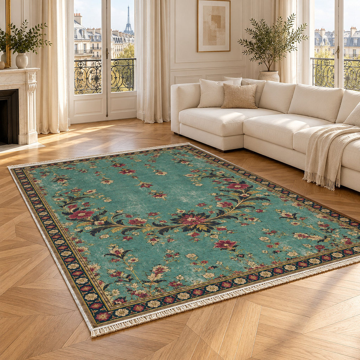Petal Crescent Court Lagoon & Berry washable rug angled room view