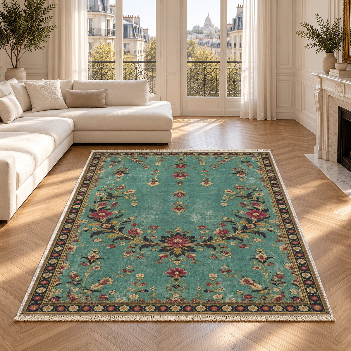 Petal Crescent Court Lagoon & Berry washable rug in a Paris living room